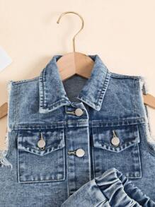 Conjunto de ropa informal para niñas jóvenes compuesto por un chaleco vaquero sin mangas con dobladillo deshilachado y lavado vintage, cómodo y versátil, con cintura elástica, y una falda plisada casual de mezclilla - Azul lavado medio - Ver 5