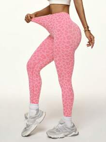 Slayform 豹纹宽腰运动紧身裤健身紧身裤瑜伽女裤 - 西瓜粉 - 查看 3