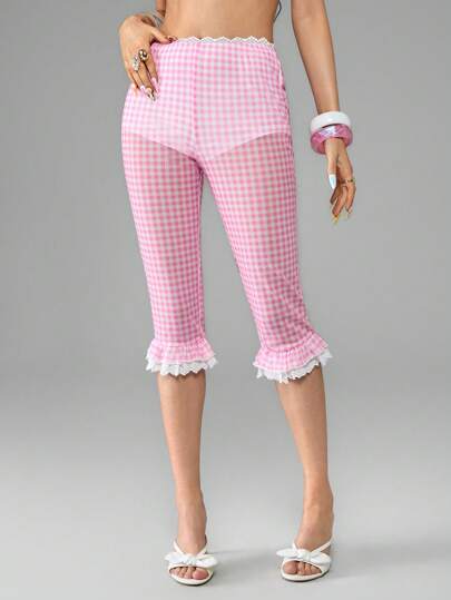 ROMWE Avant Pantaloni capri rosa a quadri trasparenti dal look vintage, stile francese delle vacanze, sexy e attillati, da donna