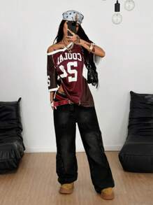 Coolane Tricouri de vară pentru femei, streetwear, sport, cu guler în V, baseball, fotbal, roșu, jerseu