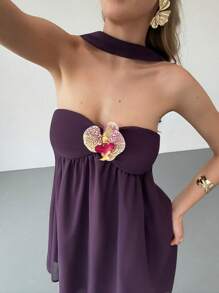 Aloruh Đầm không tay họa tiết hoa trơn màu cho nữ - Màu tím - Xem 2