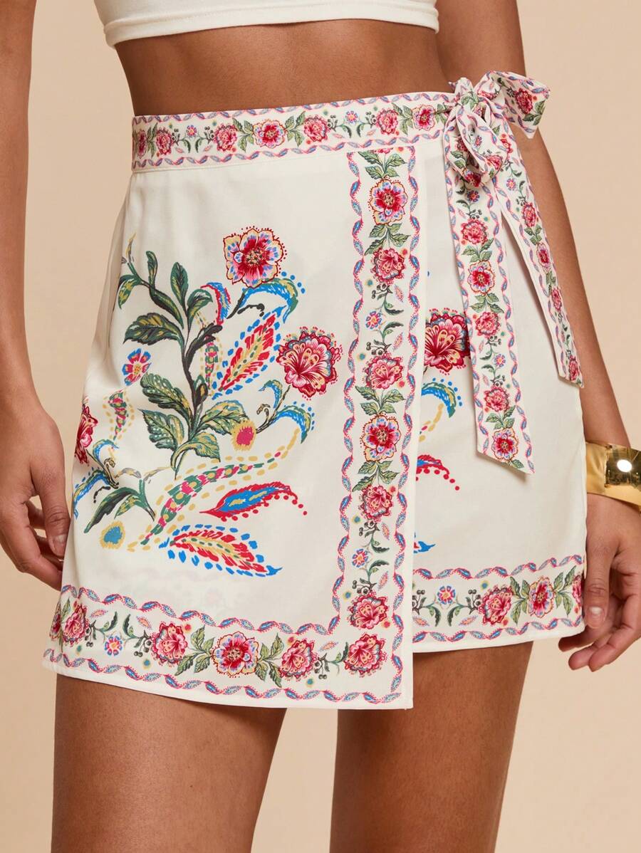 Travachic Váy buộc vạt in họa tiết cây nhiệt đới cho nữ, thích hợp cho đi chơi và đi nghỉ - trắng - Xem 1