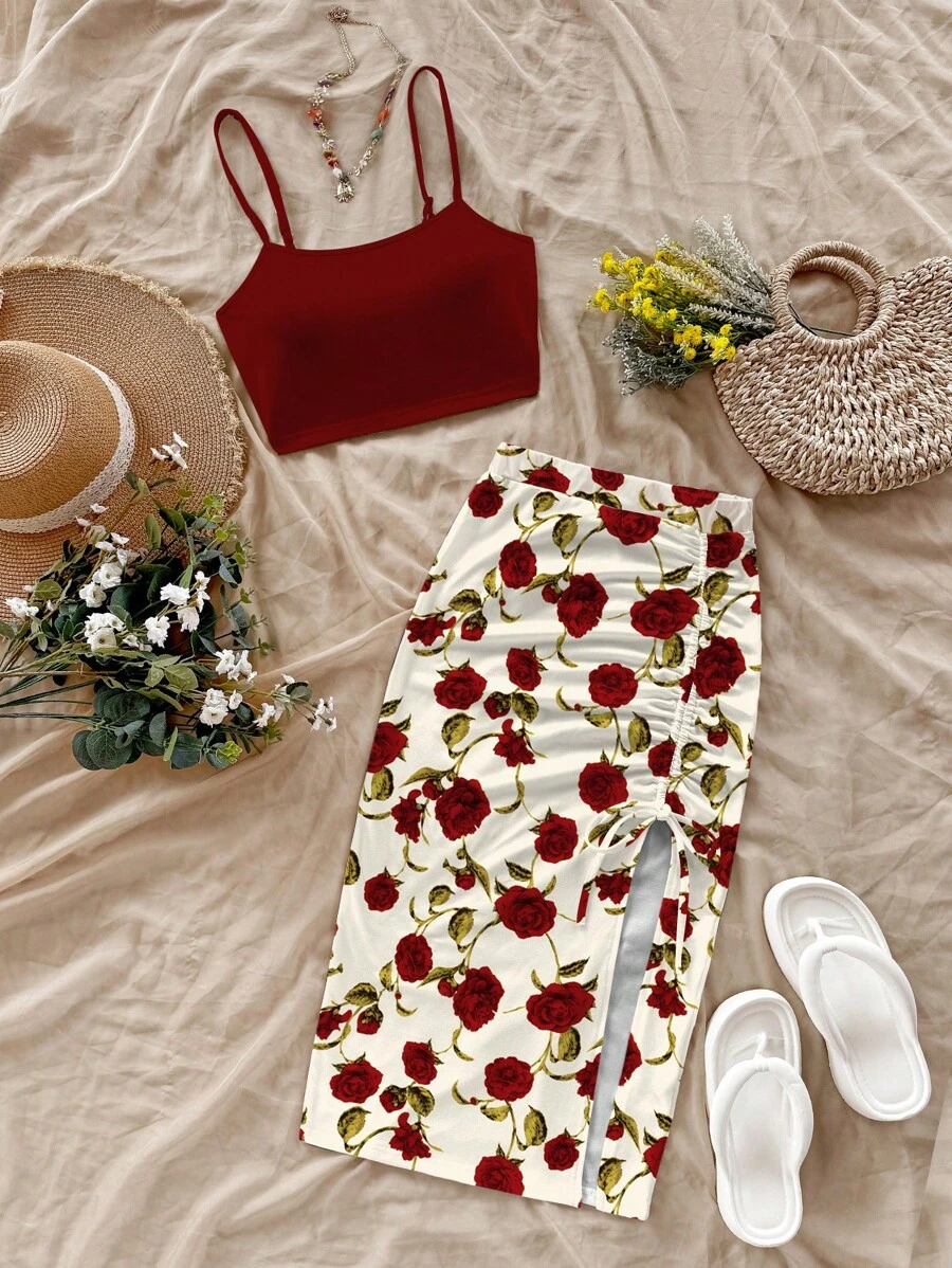 Soleia 2 件套女士夏季纯色吊带背心和花卉印花侧开衩中长裙套装 - 乾枯玫瑰色 - 查看 1