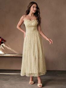 Savoree 时尚法式透明亮片面料无袖连衣裙，荷叶边装饰，收腰，及踝长，浅黄色，适合春夏季 - 黃色 - 查看 4