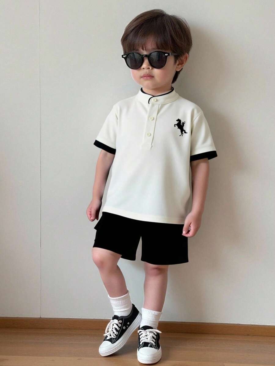 SHEIN 2pcs/Set Baby Boy Comfortable Casual Mandarin Collar Color-Block Knit Polo Shirt T-Shirt And Woven Shorts Set, Suitable For Spring & Summer, Everyday, Sports, Outing, Party, Festival, Photography