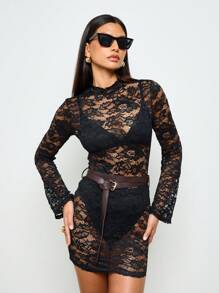 AiiRZ Vestido mini de encaje transparente de manga larga con cinturón, atuendo elegante para ocasiones especiales en invierno y otoño, para fiestas, clubes y vacaciones - Negro - Ver 1