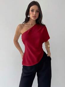 Firerie Women Modest Asymmetrical Neck Blouse, Casual Elegant Office And Wedding Guest, Spring/Summer, Asymmetric Ruched Hem Textured Fabric Red Top - Burgundy - View 1