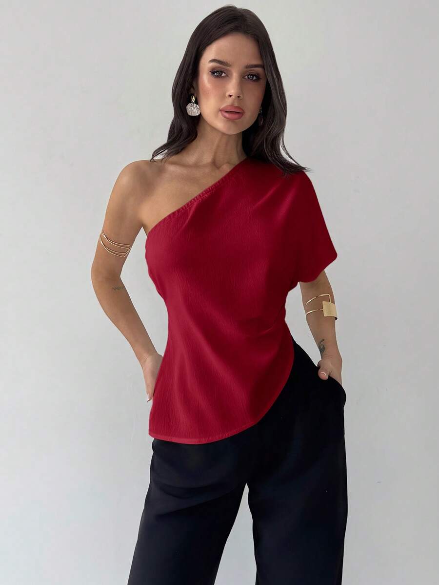 Firerie Women Modest Asymmetrical Neck Blouse, Casual Elegant Office And Wedding Guest, Spring/Summer, Asymmetric Ruched Hem Textured Fabric Red Top - Burgundy - View 1