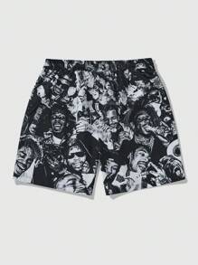 ROMWE MEN Street Life Men's Printed Woven Shorts, Suitable For Daily Wear, Spring/Summer - Black - View 2