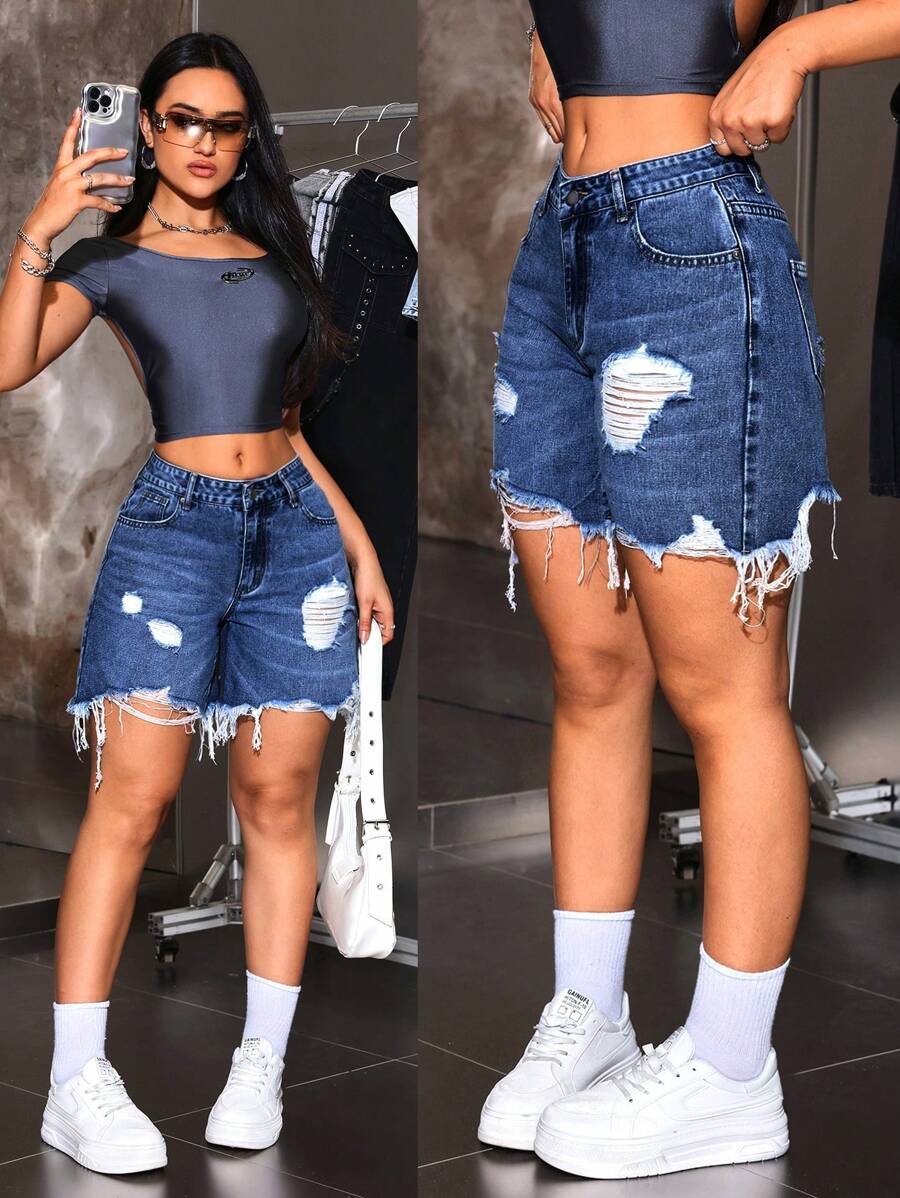 SHEIN Tall Women's Street Style Distressed Raw Hem Denim Shorts - Dark Wash - View 1