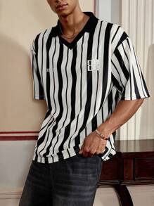 SWAVVY Camiseta de manga corta casual, suelta y de punto con rayas para hombre, ideal para el verano y la escuela