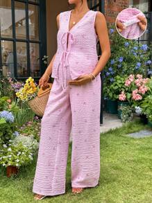 SHEIN 两件套孕妇装粉色条纹蝴蝶结印花上衣和裤子套装 - 粉色 - 查看 1