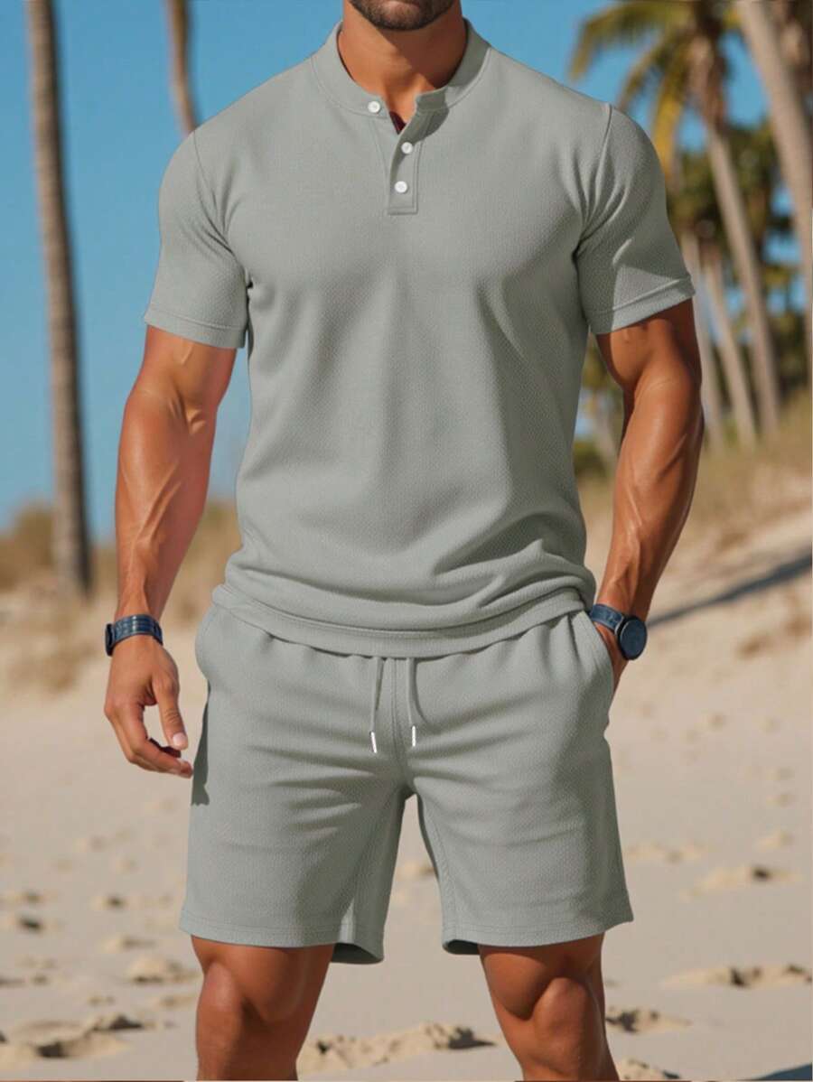 Manfinity Dauomo Bộ 2 món áo thun polo tay ngắn màu trơn và quần short có túi dành cho nam, mùa hè, trang phục ấm áp - Màu Xám nhạt - Xem 1