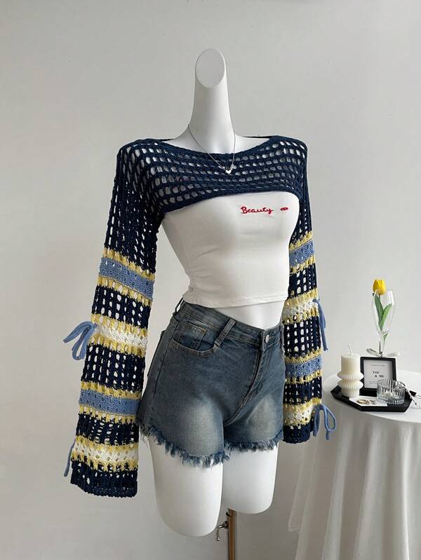 Sweetra Women's Colorful Crochet Bowknot Cropped Long Sleeve Sweater, Sweet Style, Spring/Summer/Autumn
