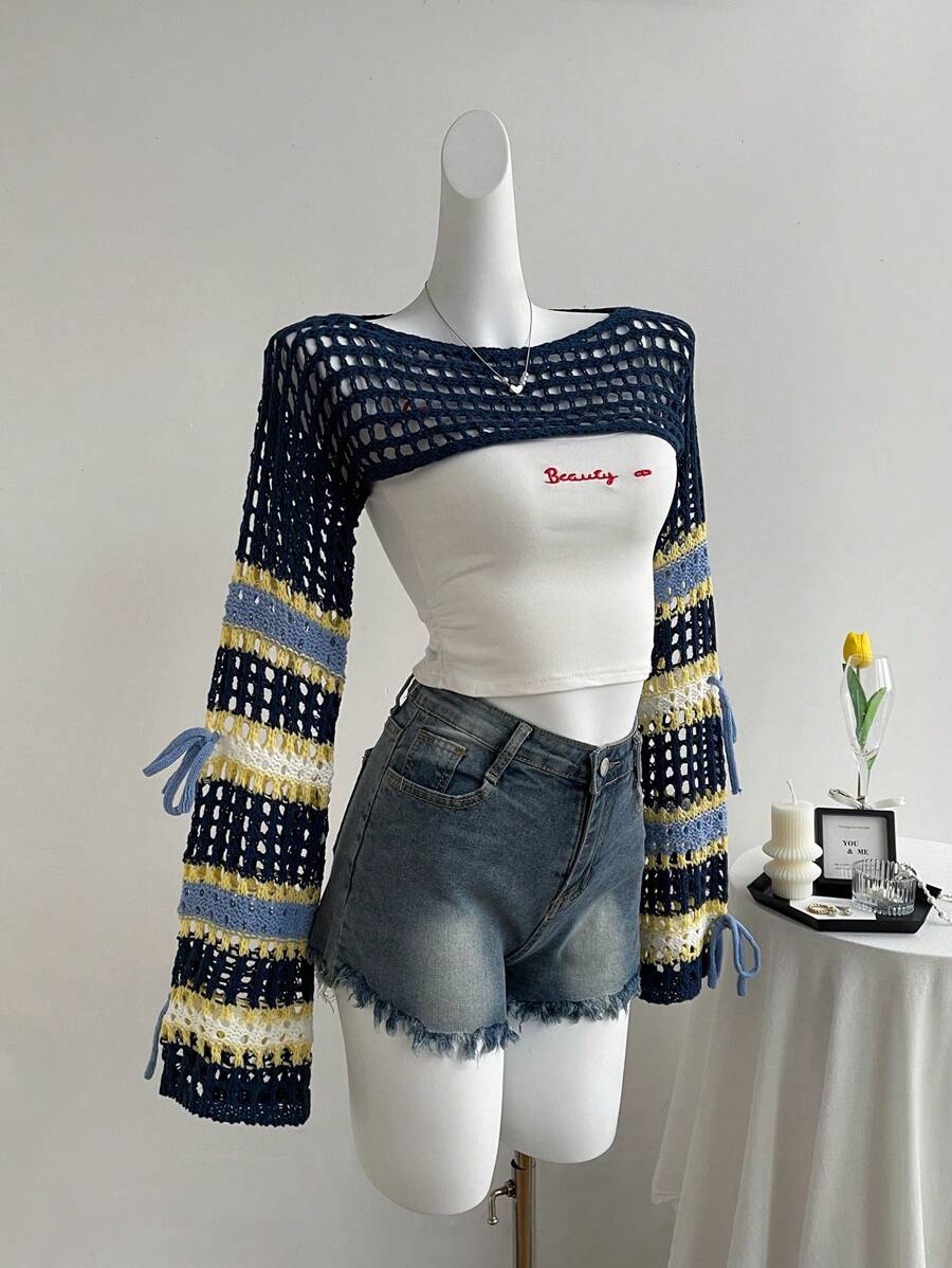 Sweetra 女士彩色钩针蝴蝶结短款长袖毛衣，甜美风格，春夏秋季针织套头衫秋冬 - 彩色 - 查看 1