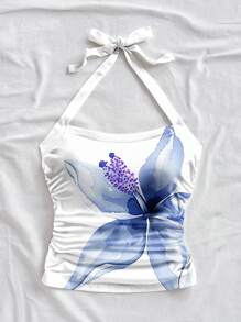 Soleia Women's Wrap-Around Gathered Backless Cami, Floral Print, Suitable For Summer Vacation