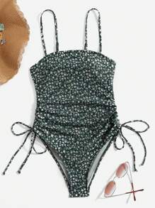 SHEIN Swim 女士 Ditsy Floral 侧抽绳连体泳衣，适合度假穿着 - 墨綠色 - 查看 3