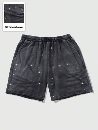 Street Life Shorts con estilo vintage y efecto desgastado, decorados con cristales, con estilo callejero estadounidense para hombres