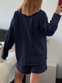 Livesso 2pcs Women Casual Solid Color Loose Fit Long Sleeve Shirt & Shorts Set, Spring/Summer,Fall Clothes Lounge Sets For Women - Navy Blue - View 2
