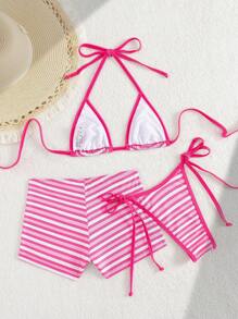 SHEIN Swim 夏季假期性感时尚纹理彩虹条纹印花饰边渐变色三件套粉色比基尼套装，泳衣，3 件套泳衣 - 彩色 - 查看 2