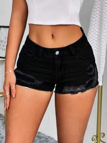 SHEIN Tall 女式口袋破洞紧身休闲牛仔短裤，百搭 - 黑色 - 查看 2