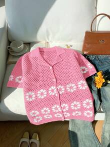 Comfortcana Chaqueta de punto fina de manga corta con un solo botón y calado en rosa para mujer, ideal para vacaciones de verano - Rosa - Ver 3