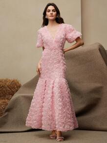 Anewsta 3D玫瑰贴花V领优雅短袖夏装 - 粉色 - 查看 7