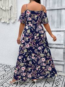 SHEIN VCAY Plus Size Women's Tropical Plant Print Off-Shoulder Slit Hem Elegant Dress, Summer - Navy Blue - View 2