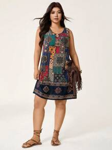 SHEIN LUNE 加大码夏季连衣裙女式花卉印花O形环连接无袖度假连衣裙女士沙滩装波西米亚风商务休闲舒适修身休闲风 - 彩色 - 查看 4