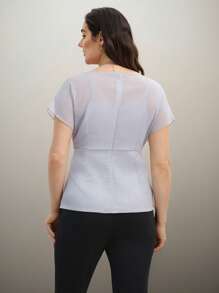 SHEIN Clasi Plus Size Women Satin & Satin Splicing V-Neck Gathered Waist Blouse, Elegant For Party And Work Summer Vacation Wedding Vintage - Blue - View 2