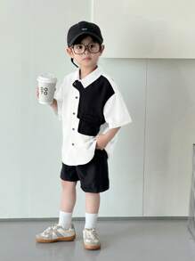 SHEIN 2pcs/Set Baby Boy Or Girl Casual Versatile Contrast Color Lapel Short Sleeve Cardigan & Elastic Waist Shorts Set - Black and White - View 3