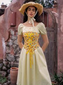 SHEIN 1 件女士花卉印花波西米亚风格短款上衣 - 黃色 - 查看 5