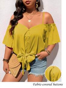 SHEIN LUNE Áo cánh hở vai cổ chữ V thời trang giản dị cổ điển cỡ lớn - Màu vàng - Xem 1