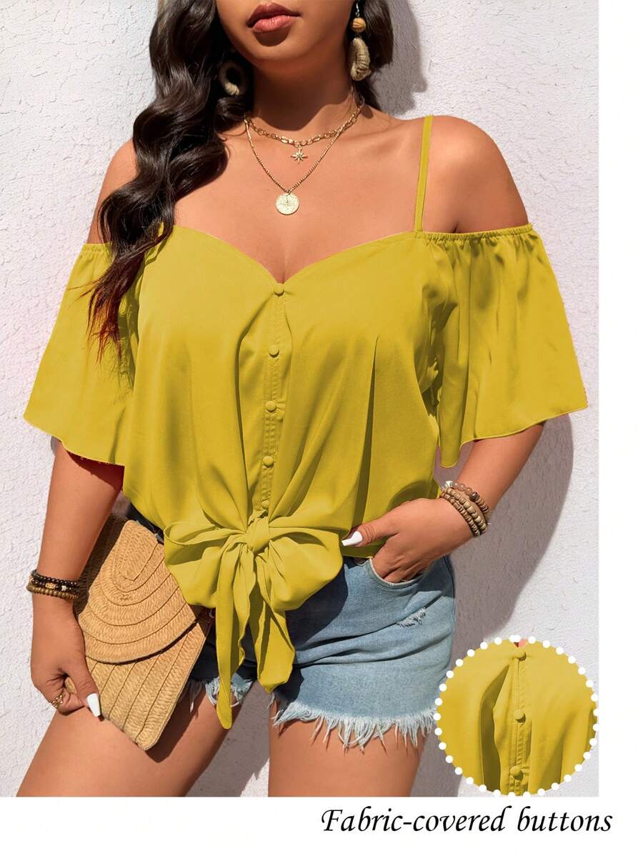SHEIN LUNE Áo cánh hở vai cổ chữ V thời trang giản dị cổ điển cỡ lớn - Màu vàng - Xem 1