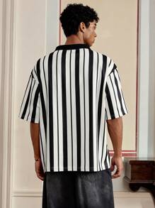 SWAVVY Camiseta de manga corta casual, suelta y de punto con rayas para hombre, ideal para el verano y la escuela