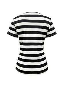 INAWLY Women's Summer Zip-Up Half Placket Striped Short Sleeve Casual T-Shirt - Black and White - View 2