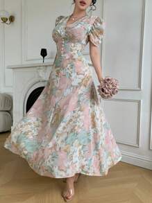 Modelyn Women's Slim Fit Mini Dress With Cross Neckline Decor Pearl Buttons & Puff Sleeves