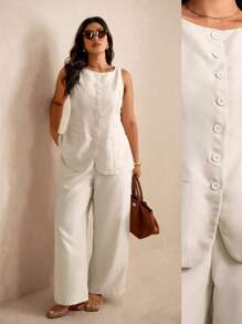 Elaquor Plus Size Casual Commuting Vest Shirt And Straight Leg Pants 2-Piece Set - Apricot - View 1