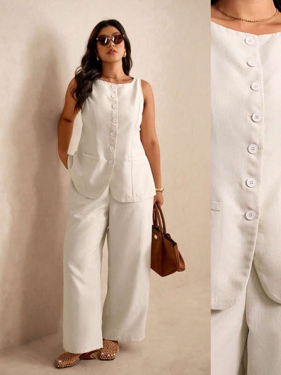 Elaquor Plus Size Casual Commuting Vest Shirt And Straight Leg Pants 2-Piece Set - Apricot - View 1