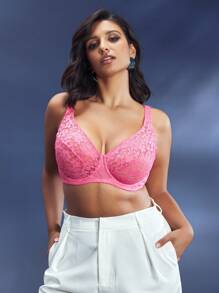 SHEIN Curve Full-Cup Lace Floral Underwired Bra, Magenta, Plus Size - Pink - View 3