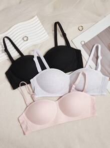 Set de 3 sujetadores inalámbricos con tirantes delgados y desmontables de unicolor, adecuados para niñas y estudiantes para uso casual y deportivo - Multicolor - Ver 3
