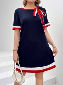 Chikora 大碼彩塊拼接蝴蝶結裝飾圓領短袖夏季連衣裙 - 彩色 - 查看 5