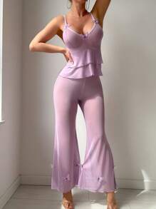 2pcs Purple Butterfly Mesh Sheer Decor Lingerie Set With Wide Leg Pants, Sexy Sleepwear For Women For Going Out - Purple - View 2