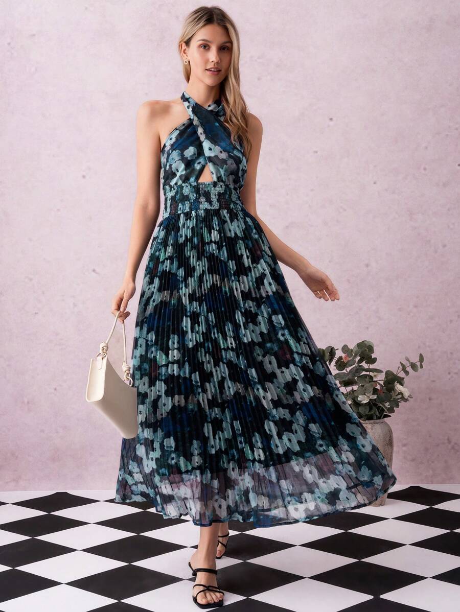 SHEIN Clasi Gaun Maxi Wanita Kasual Modis Ringan dengan Kerah Berkerut dan Motif Cetak, Musim Semi/Panas - MultiWarna - View 1