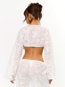 MUSERA Plunge Front Broiderie Anglaise Long Wide Sleeve Tie Front Crop Top Cover Up Swim Beach Summer Vacation Holiday Festival Cute Casual Elegant Tuscan Sun