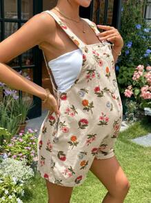 SHEIN Floral Printed Pregnant Women's Casual Overalls With Pockets, Summer Vacation Outfits Floral  Maternity Jumpsuit Cute Maternity Jumpsuit - Apricot - View 5