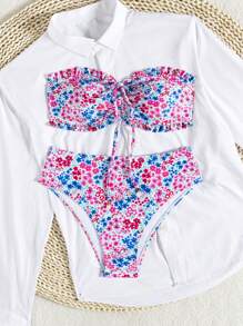 SHEIN Swim 女士海滩夏季服装：新款可爱碎花抹胸荷叶边甜美碎花，搭配精致珍珠吊坠抽绳比基尼套装 - 彩色 - 查看 3