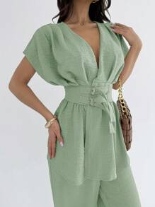 Firerie Bộ trang phục công sở mới thanh lịch & đơn giản, cổ chữ V cài nút, eo cánh dơi & quần ống rộng lưng cao, phong cách cổ điển - Màu xanh Bạc hà - Xem 6