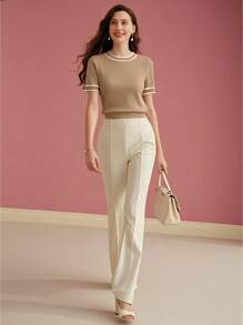 MOTF PREMIUM CONTRAST TRIM SHORT SLEEVE KNIT TOP KNIT PULLOVER FALL WINTER