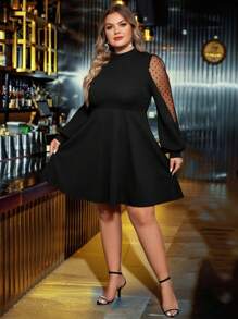 Reflora Plus Contrast Polka Dot Mesh Lantern Sleeve Dress - Black - View 3